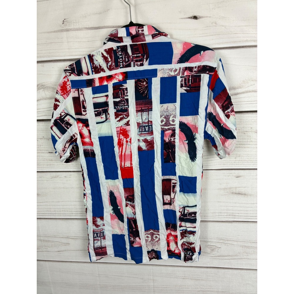 No Boundaries Mens Americana Eagle Motel Collage Stripe Button Up Shirt Blue XS - Picture 2 of 12